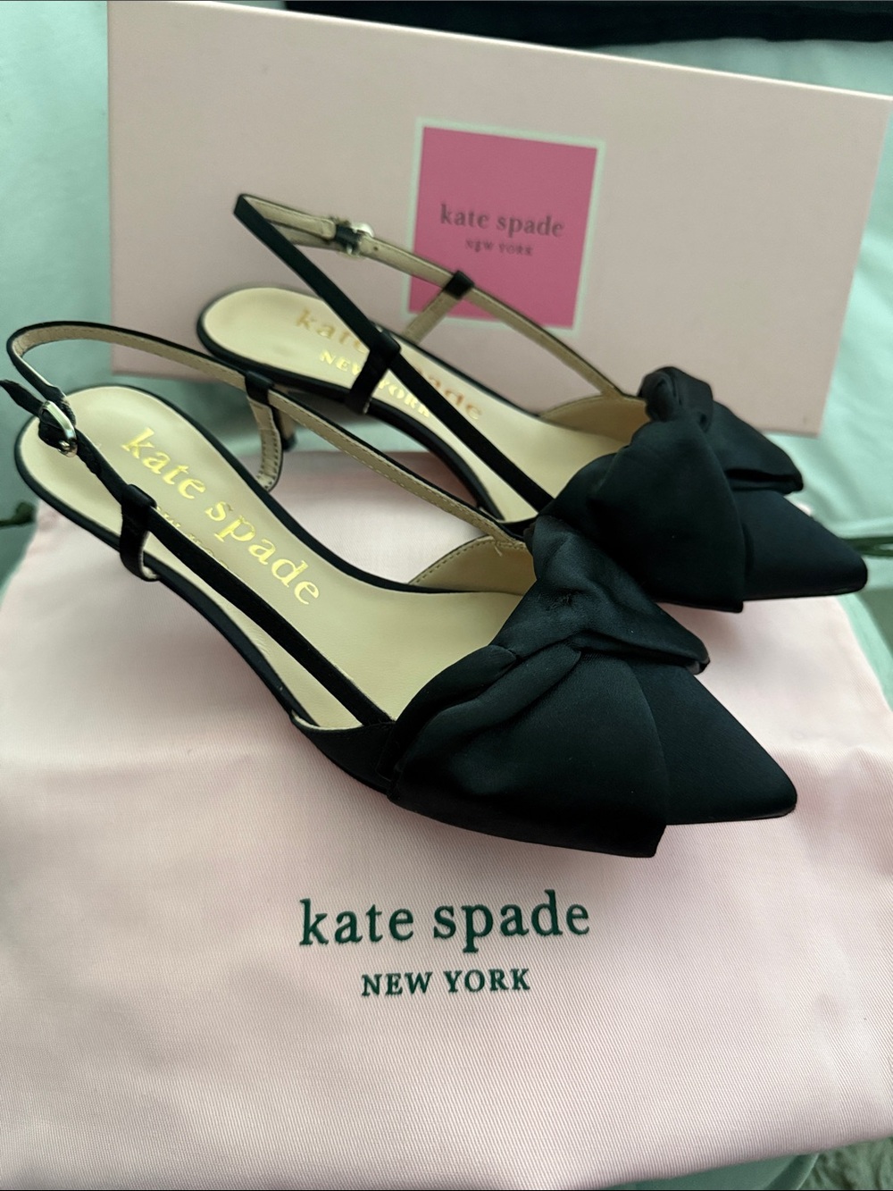 kate spade Black Pointed-Toe Slingback Mules with Bow